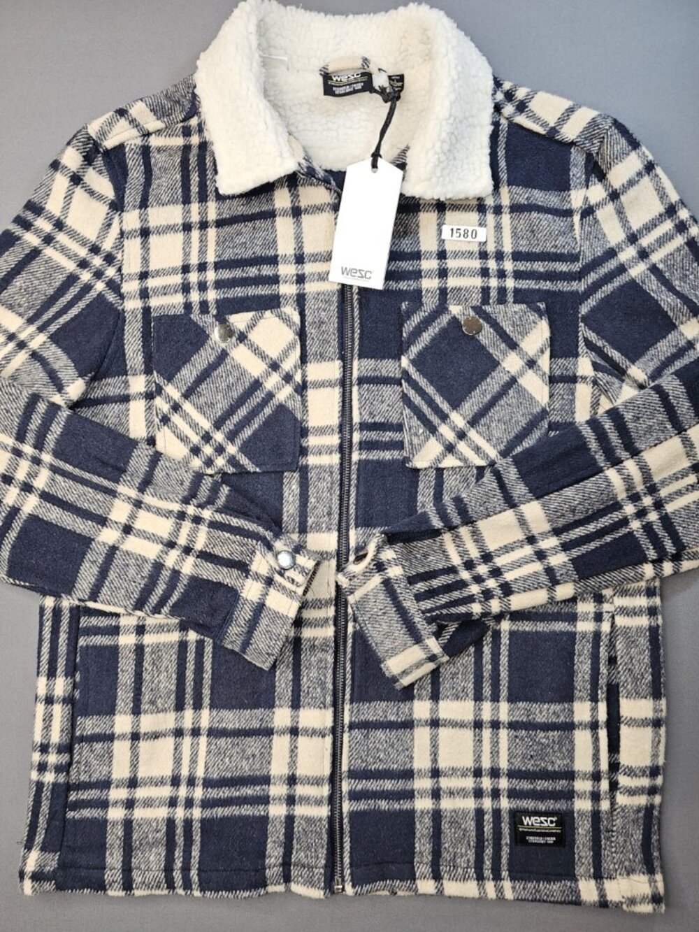 WeSC Plaid Sherpa-Lined Zip-Up Shirt Jacket Navy Cream NWT